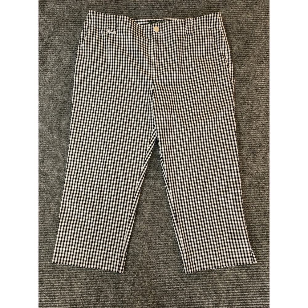 LRL Ralph Lauren Active Crop Pants Womens Size 12 Black White Check Flat Front